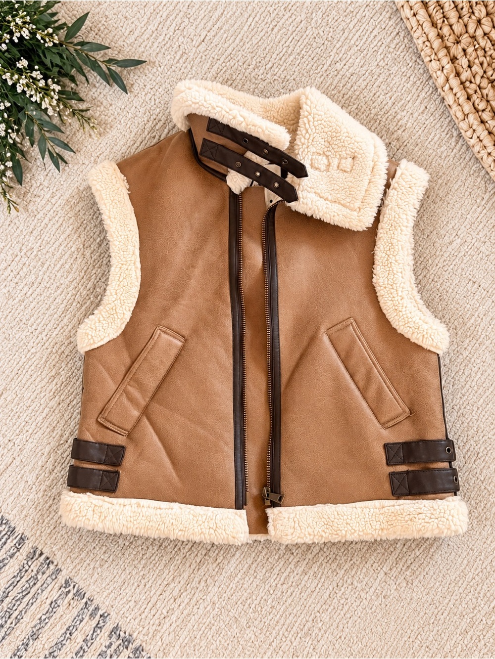 Zara Tan Vest with Cream Faux-Shearling Trim